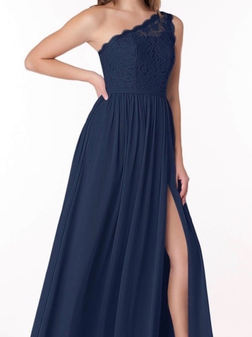 Azazie Demi navy One-Shoulder Lace & Chiffon A line Evening Dress w/ pockets - Picture 4 of 8